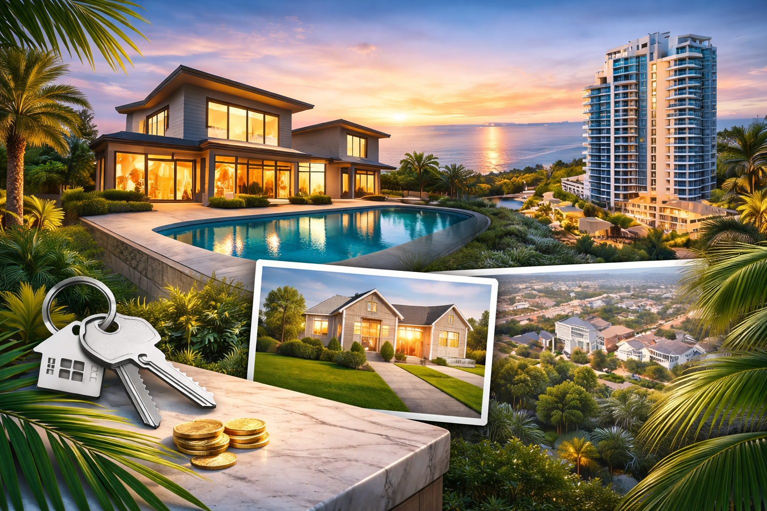 luxury homes at sunset by the coast